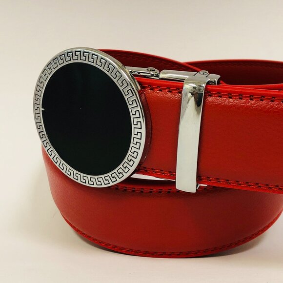 Red Belt Ratchet Belt for Men Leather Fashion Adjustable Automatic Slide No Hole - Picture 2 of 3